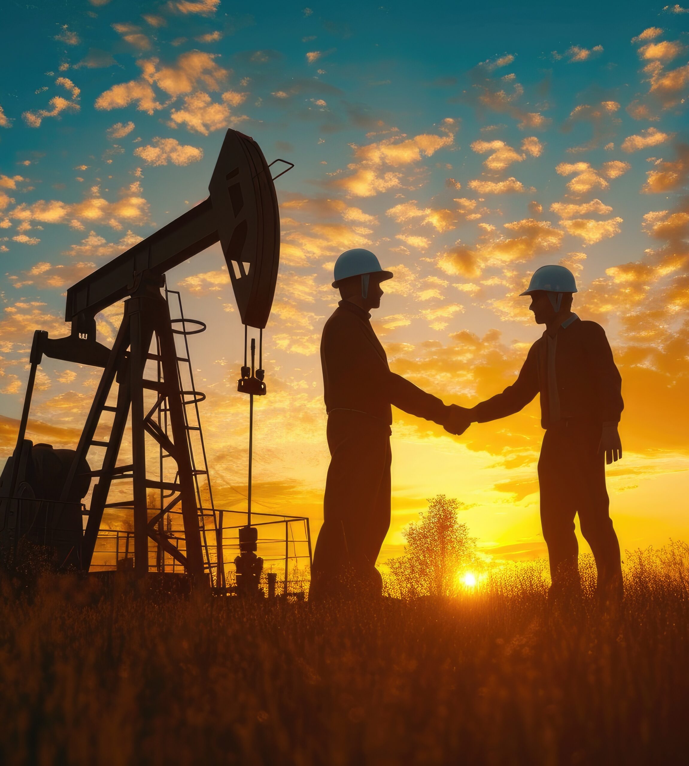 Silhouette of two engineers handshaking and making corporate contract outside in front of oil pump. People in helmets working in field at the oil, 3d rendering photo-realistic, simplicity, ultra detailed focus, higher coherence, minimalism, high saturation, hyper realistic details, beautiful, modern, cinematic light, 32k uhd , insane details, beautifully color graded, editorial Photography, Photoshoot, Depth of Field, captured with Phase One XF IQ4 camera , 200 Mega Pixel, --ar 16:9 --stylize 250 --v 6 Job ID: 9815eda7-3059-43e4-aab8-3a4073a4b97e