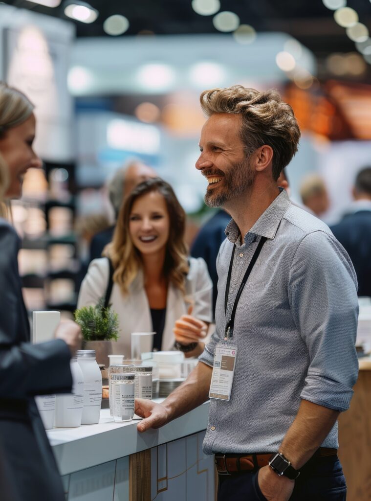 dynamic trade show moment, Professionals chat and laugh, with one man in his thirties smiling amid colleagues, against backdrop of product displays.